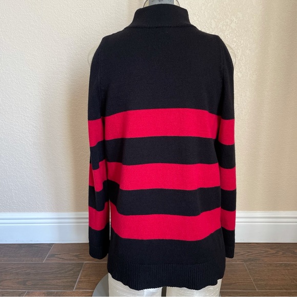 Chico's Cindy Hardware Detail Sweater Red Black Cold Shoulder Size Medium - Picture 10 of 14